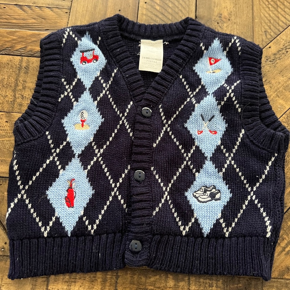 Navy Argyle Knit Vest with Embroidered Golf Details, Baby/Toddler Boy, Size 18Mo